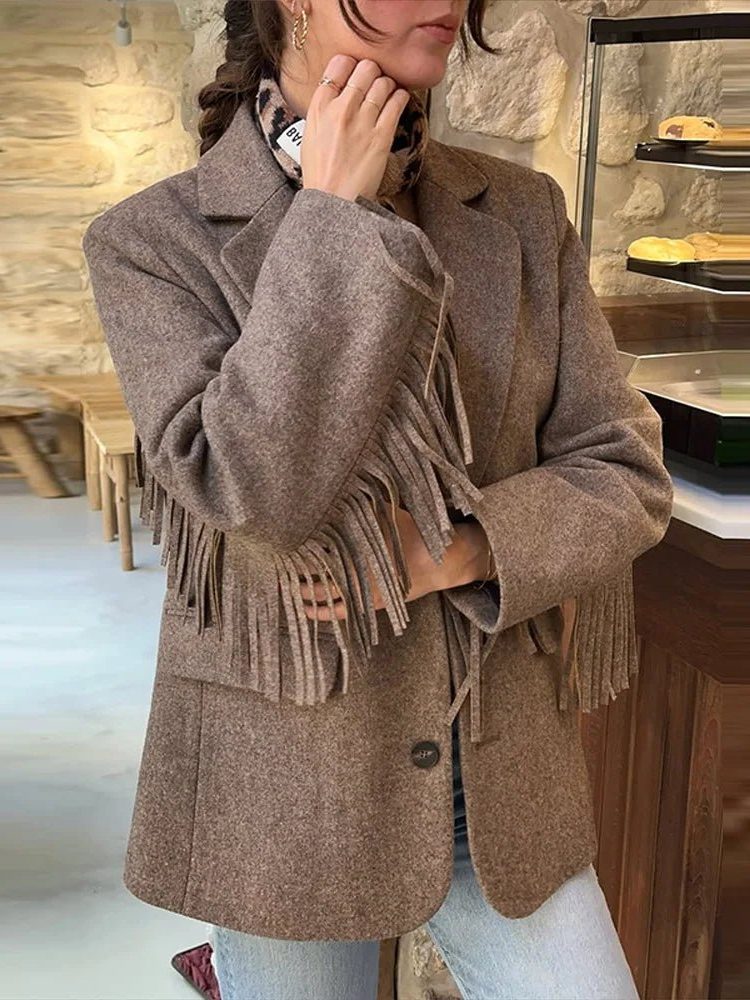 Women's Brown Wool-Look Relaxed Blazer with Tassel Fringe and Lapels - Maisie London
