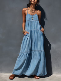Women's Blue Denim Tiered Maxi Dress with Cami Straps and Pockets - Maisie London