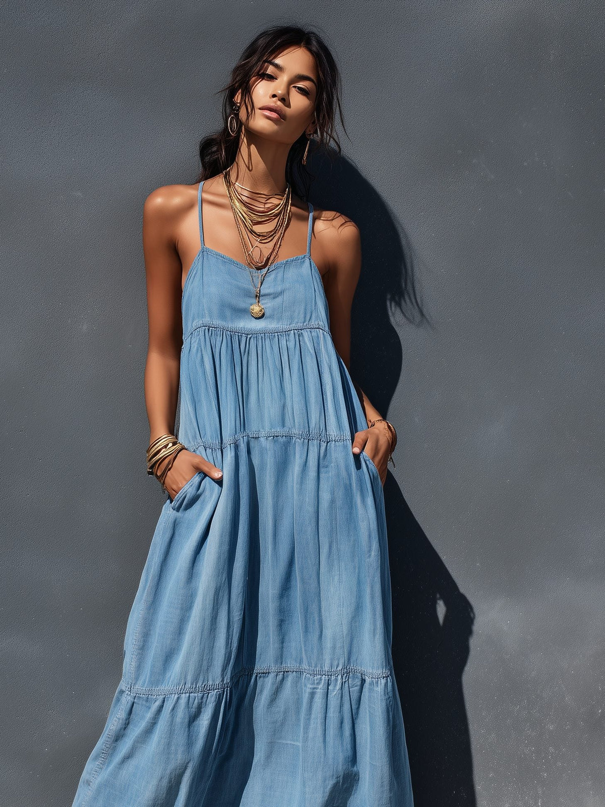 Women's Blue Denim Tiered Maxi Dress with Cami Straps and Pockets - Maisie London