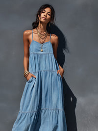 Women's Blue Denim Tiered Maxi Dress with Cami Straps and Pockets - Maisie London
