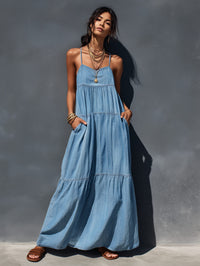 Women's Blue Denim Tiered Maxi Dress with Cami Straps and Pockets - Maisie London