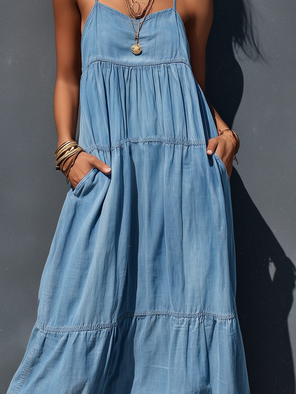 Women's Blue Denim Tiered Maxi Dress with Cami Straps and Pockets - Maisie London