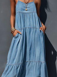 Women's Blue Denim Tiered Maxi Dress with Cami Straps and Pockets - Maisie London