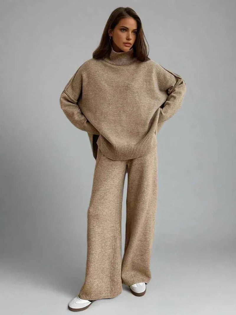 Women's Knitted Roll Neck Co-ord Set with Wide-Leg Trousers - Maisie London