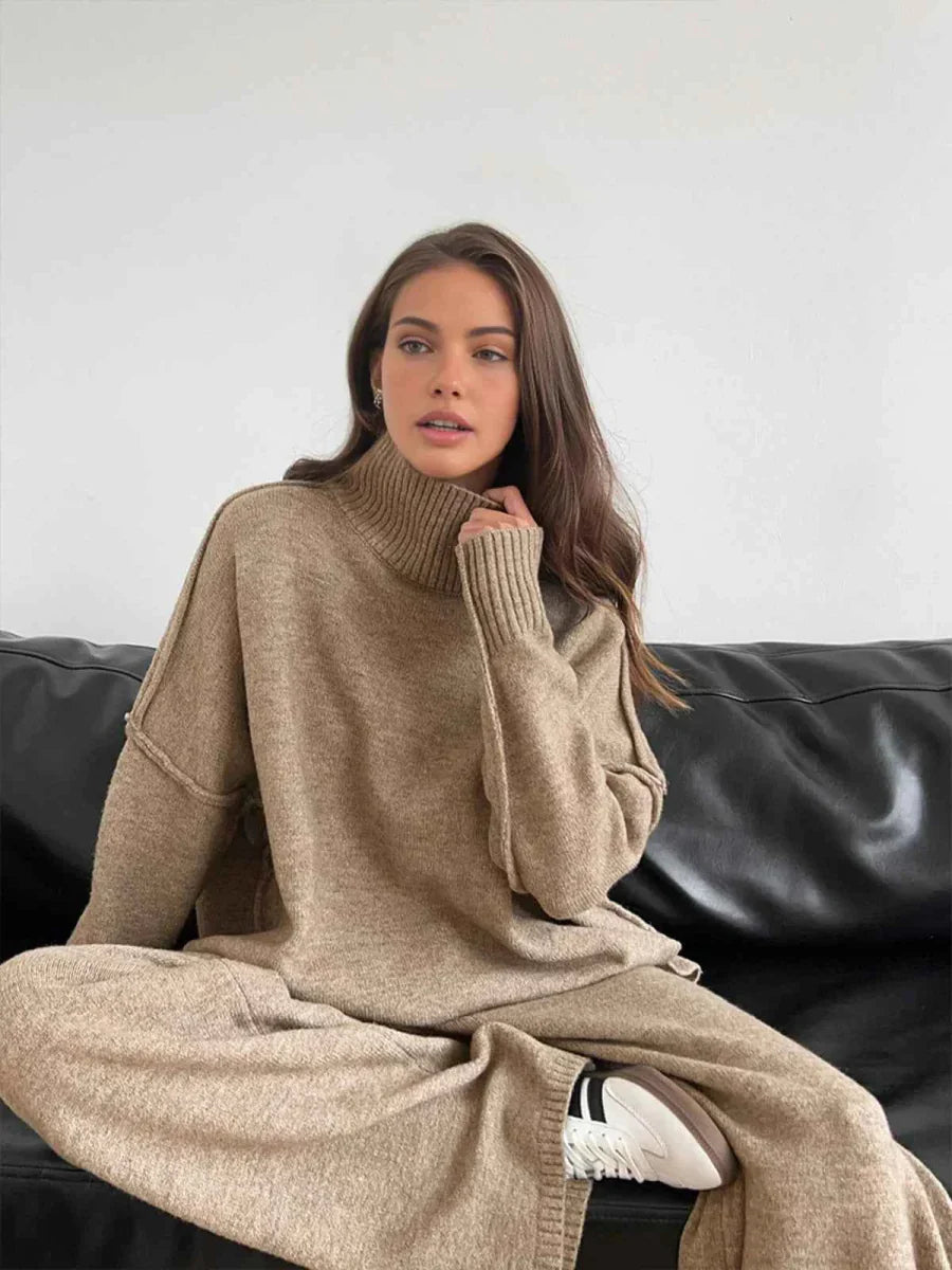 Women's Knitted Roll Neck Co-ord Set with Wide-Leg Trousers - Maisie London