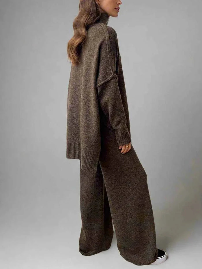 Women's Knitted Roll Neck Co-ord Set with Wide-Leg Trousers - Maisie London