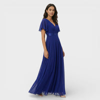 Women's Chiffon V-Neck Maxi Dress with Flutter Sleeves and Pleats - Maisie London