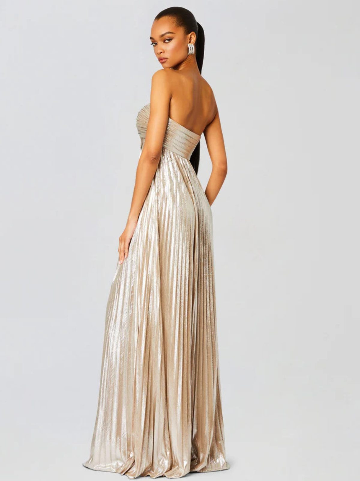Women's Pleated Metallic Maxi Dress with Twist Front and Side Split - Maisie London