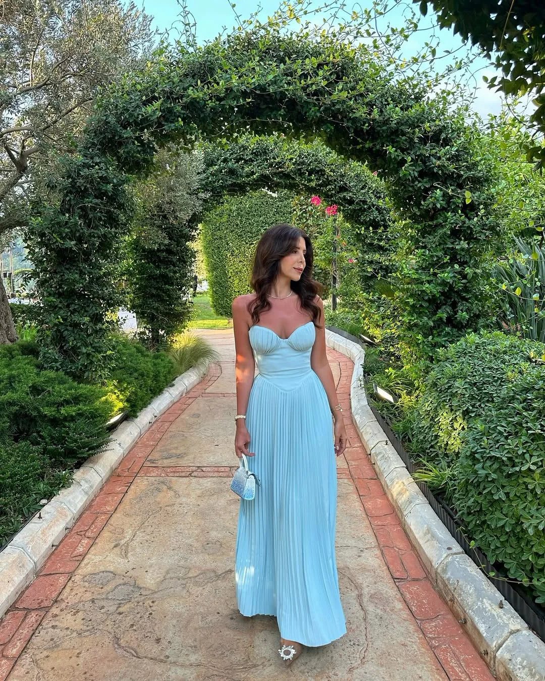 Women's Blue Pleated Strapless Maxi Dress with Corset Bodice - Maisie London