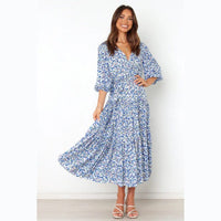 Women's Blue Floral Midi Dress with Wrap V-Neck and Tie Waist - Maisie London