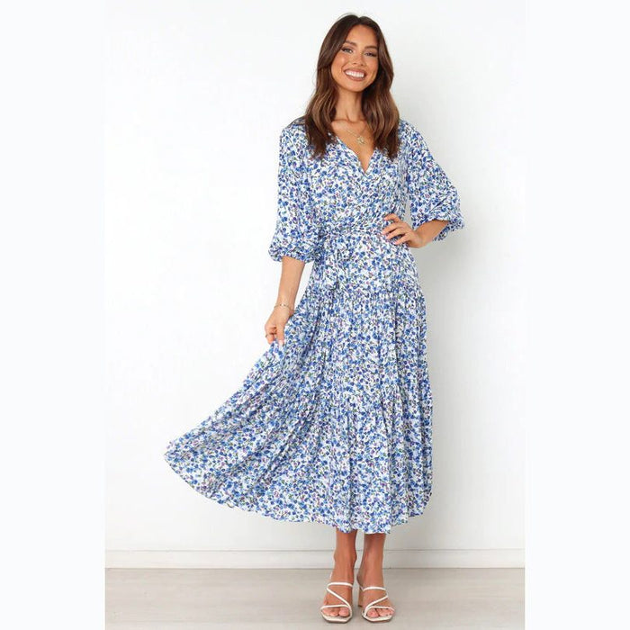 Women's Blue Floral Midi Dress with Wrap V-Neck and Tie Waist - Maisie London