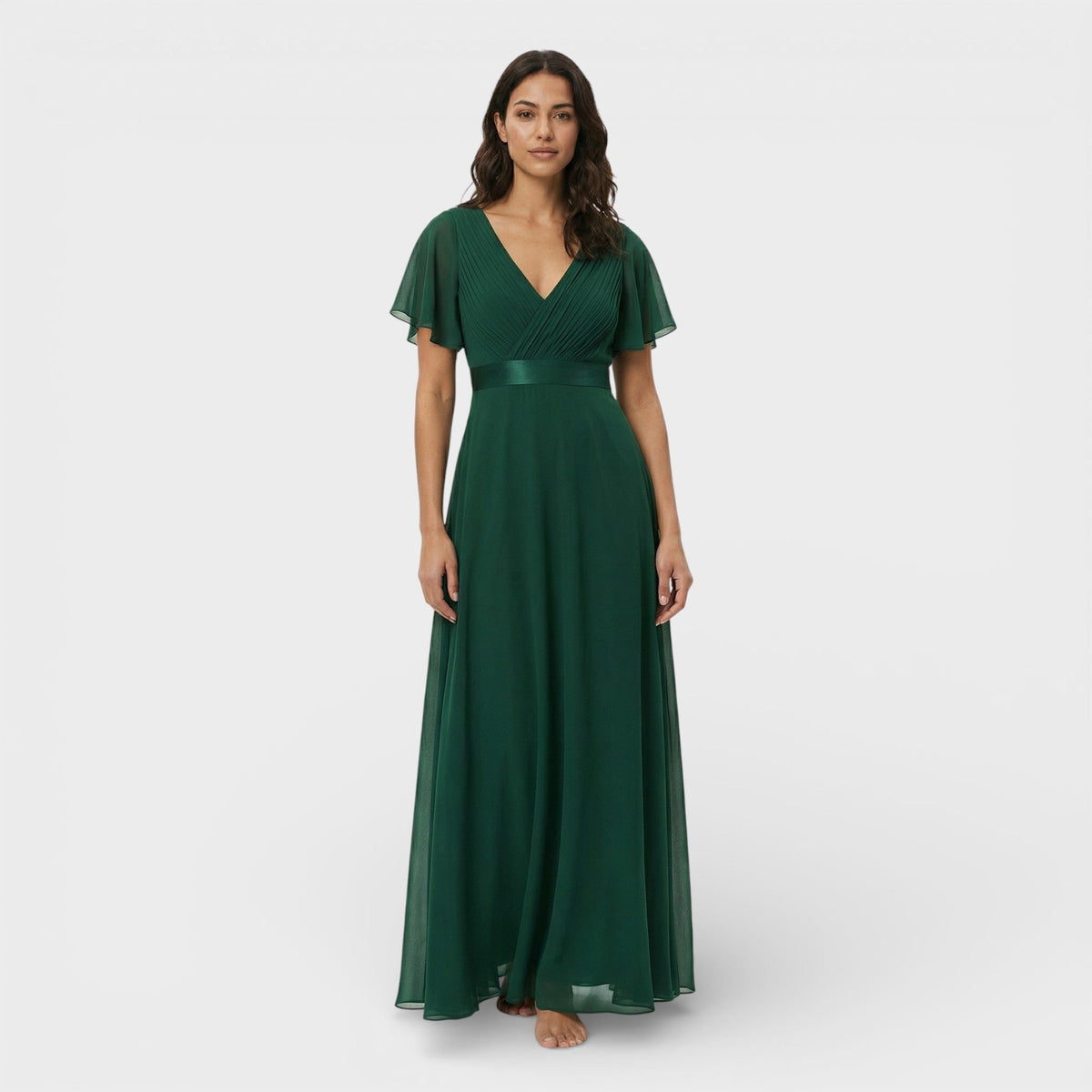 Women's Chiffon V-Neck Maxi Dress with Flutter Sleeves and Pleats - Maisie London