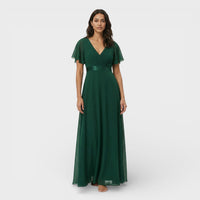 Women's Chiffon V-Neck Maxi Dress with Flutter Sleeves and Pleats - Maisie London