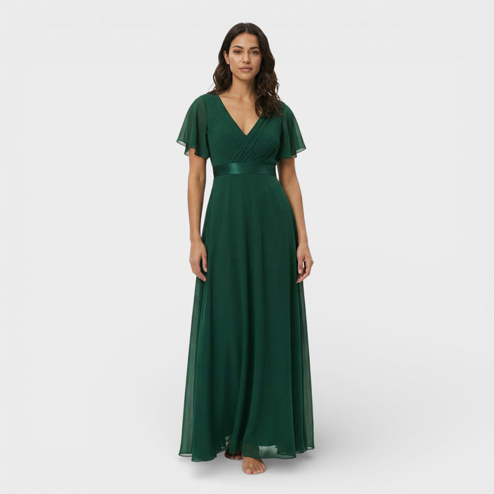 Women's Chiffon V-Neck Maxi Dress with Flutter Sleeves and Pleats - Maisie London