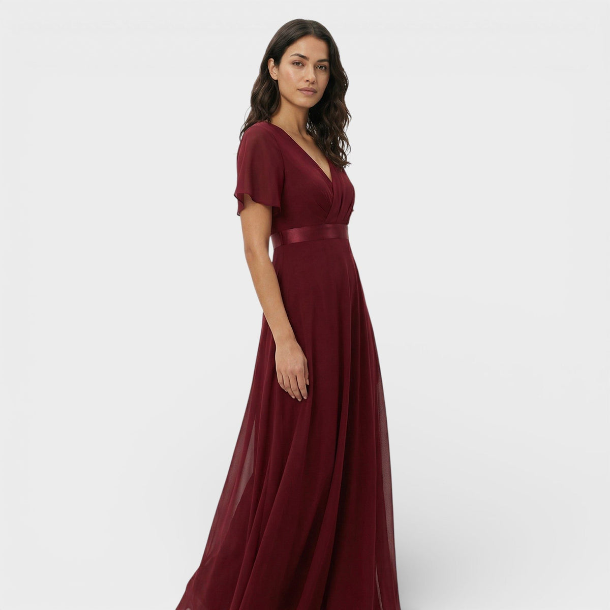 Women's Chiffon V-Neck Maxi Dress with Flutter Sleeves and Pleats - Maisie London