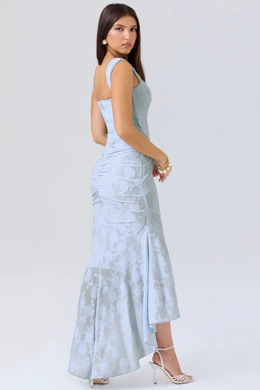 Women's Floral Jacquard Midi Dress with Ruched Waist and High-Low Hem - Maisie London