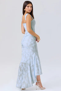 Women's Floral Jacquard Midi Dress with Ruched Waist and High-Low Hem - Maisie London
