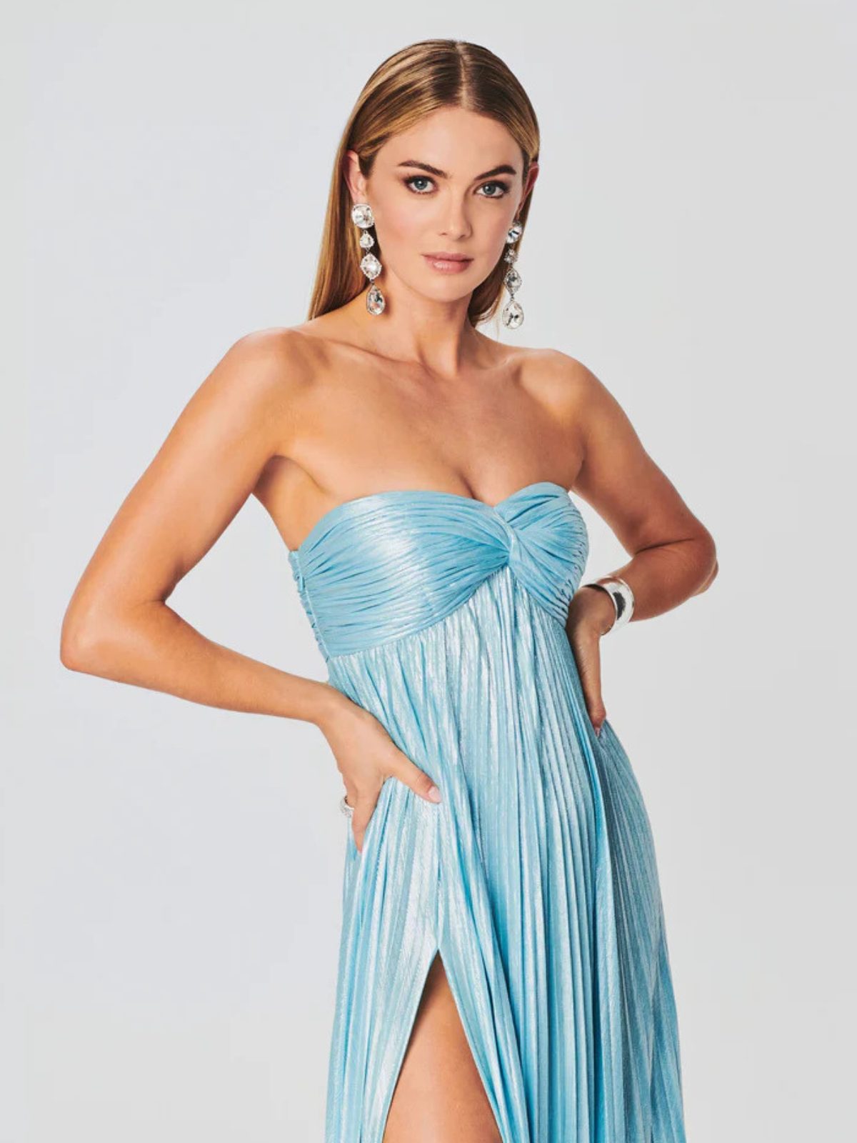 Women's Pleated Metallic Maxi Dress with Twist Front and Side Split - Maisie London