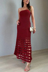Women's Open-Knit Strapless Maxi Dress with Graduated Cut-Outs - Maisie London