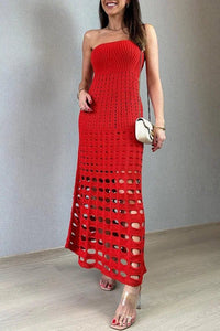 Women's Open-Knit Strapless Maxi Dress with Graduated Cut-Outs - Maisie London