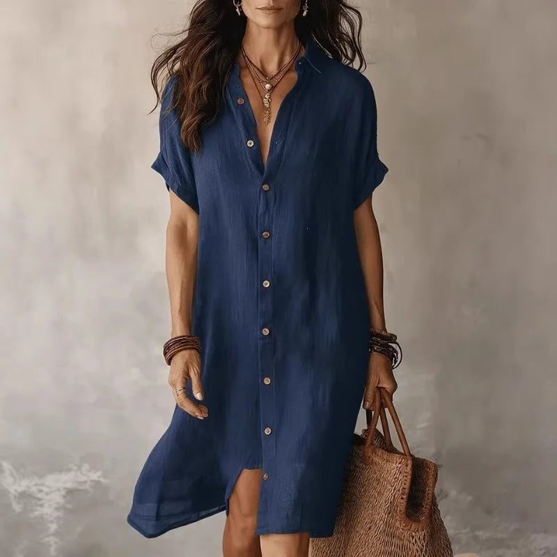 Women's Linen-Look Knee-Length Shirt Dress with Rolled Sleeves - Maisie London