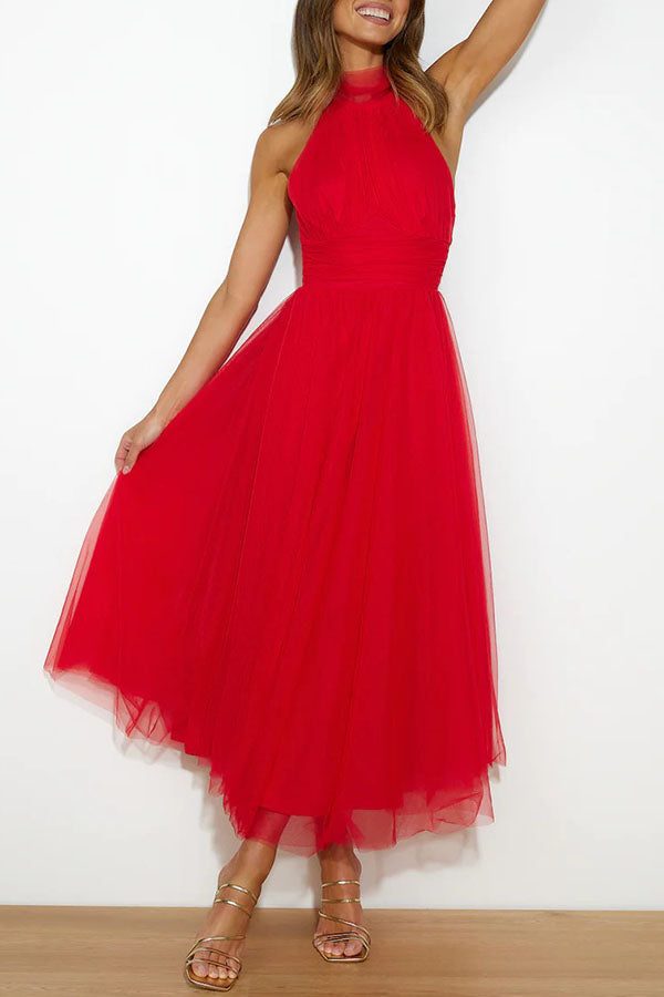 Women's Tulle Halterneck Midi Dress with Ruched Bust and Full Skirt - Maisie London