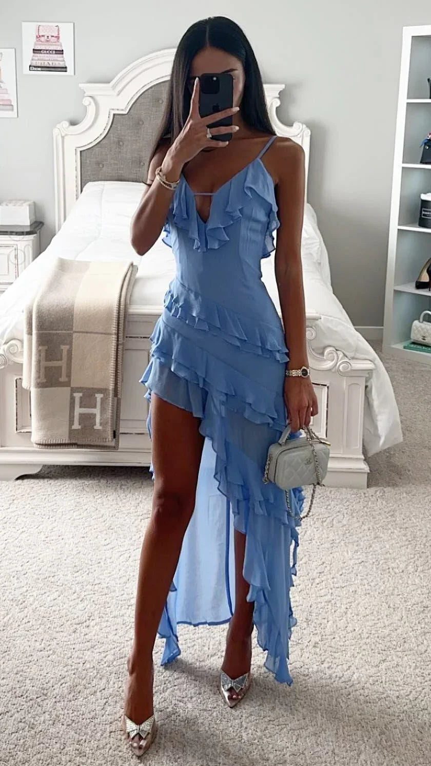 Women's Blue Chiffon Maxi Dress with Ruffles and High-Low Hem - Maisie London