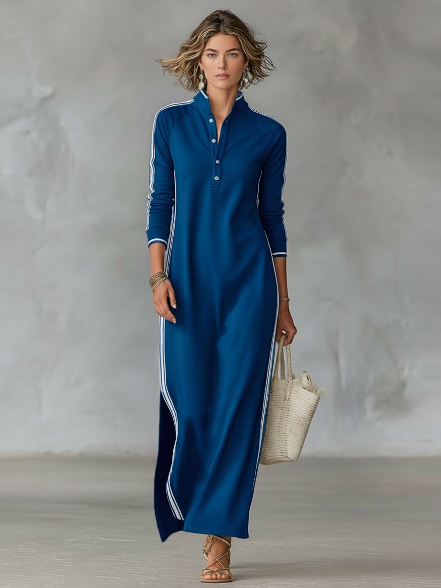 Women's Jersey Maxi Shirt Dress with Side Stripes and Split Hem - Maisie London