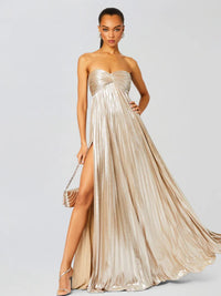 Women's Pleated Metallic Maxi Dress with Twist Front and Side Split - Maisie London