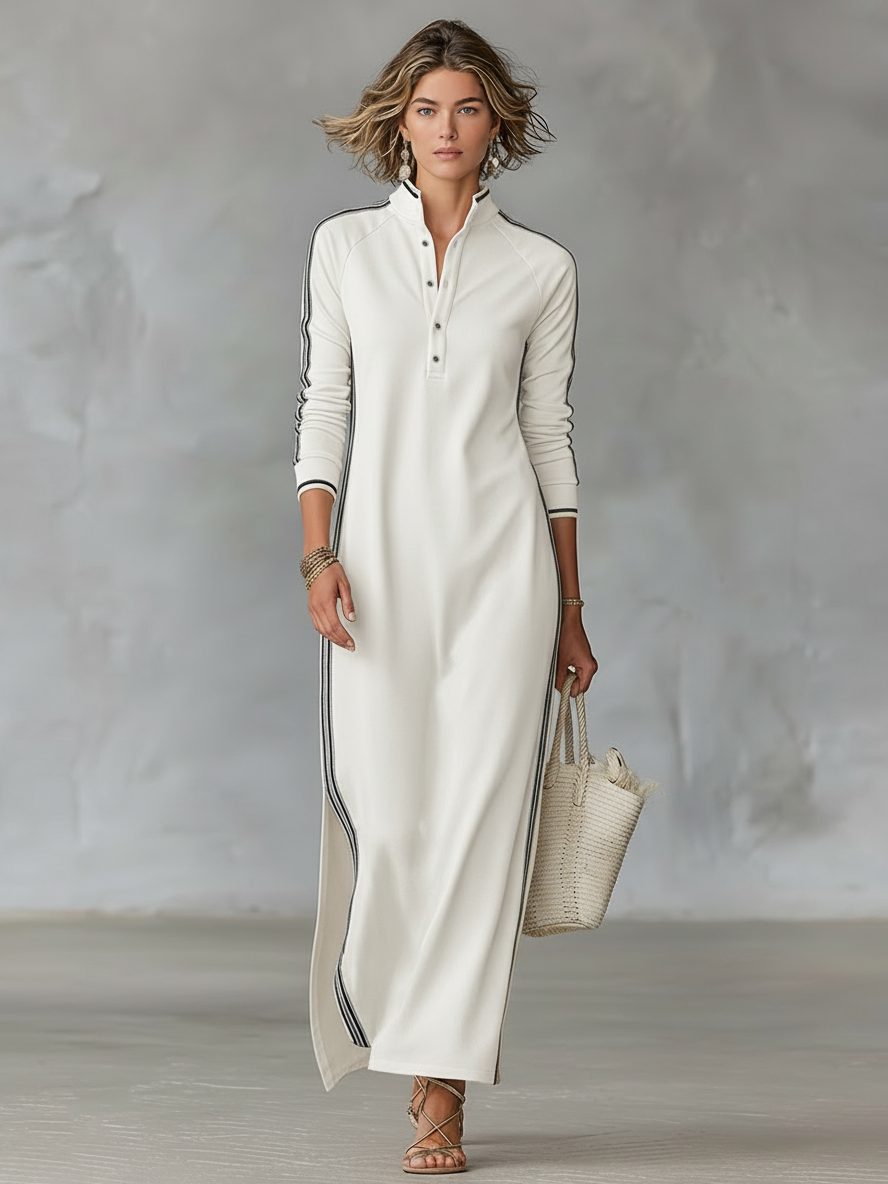 Women's Jersey Maxi Shirt Dress with Side Stripes and Split Hem - Maisie London