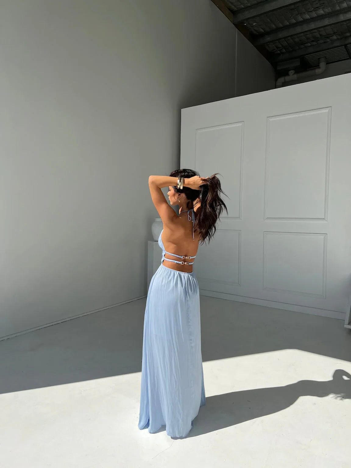 Women's Halterneck Maxi Dress with Front Cut-Out and Open Back - Maisie London