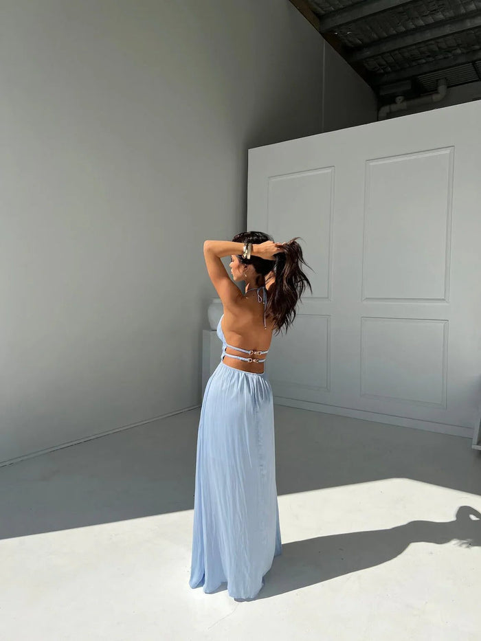 Women's Halterneck Maxi Dress with Front Cut-Out and Open Back - Maisie London