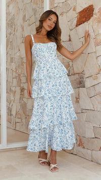 Women's Floral Tiered Maxi Dress with Square Neck and Tie Back - Maisie London