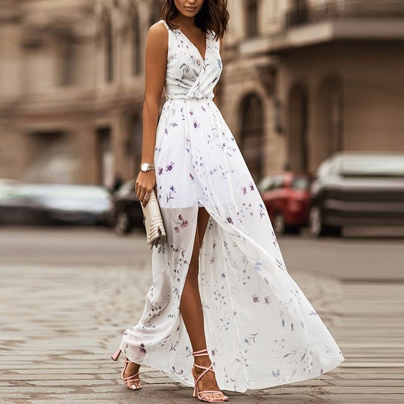 Women's Floral Chiffon Maxi Dress with V-Neck and Thigh Split - Maisie London