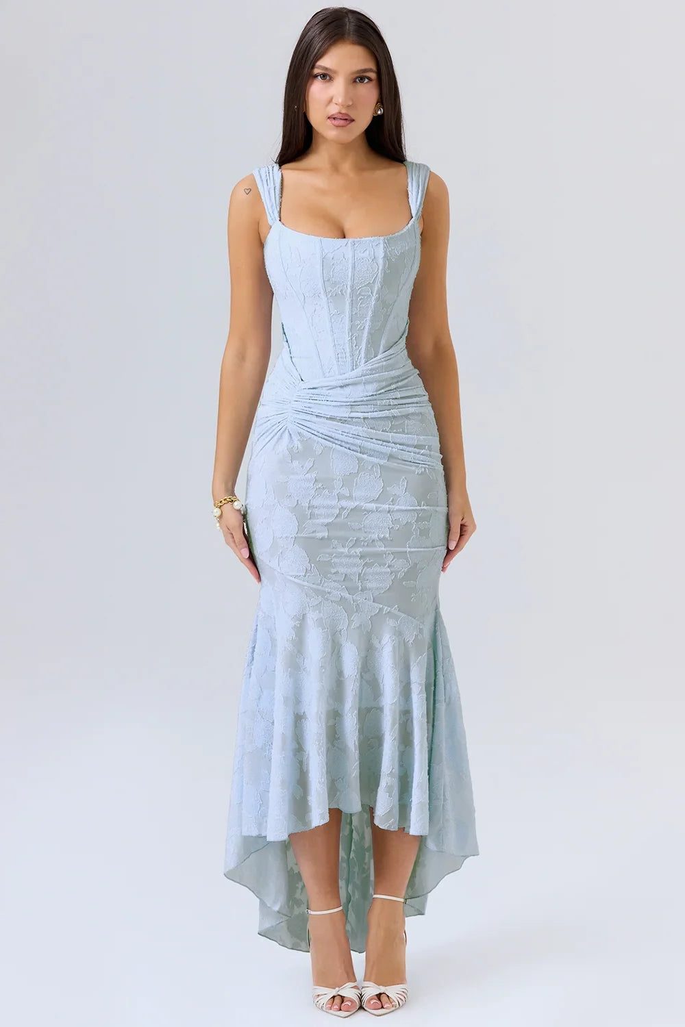 Women's Floral Jacquard Midi Dress with Ruched Waist and High-Low Hem - Maisie London