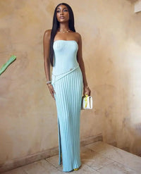 Women's Blue Ribbed Knit Strapless Maxi Dress with Chain Waist - Maisie London