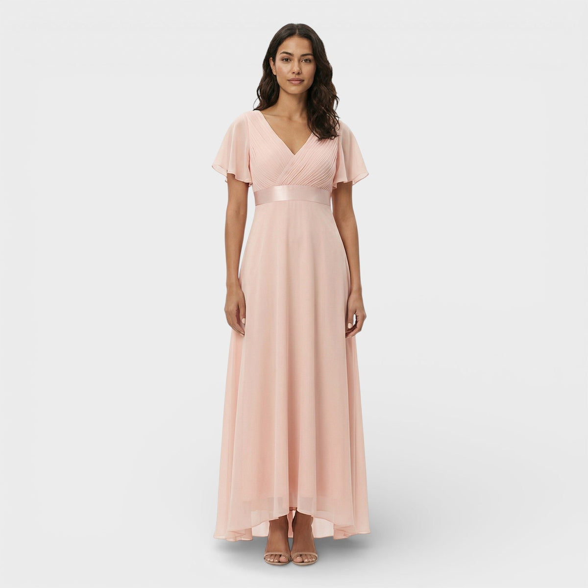 Women's Chiffon V-Neck Maxi Dress with Flutter Sleeves and Pleats - Maisie London