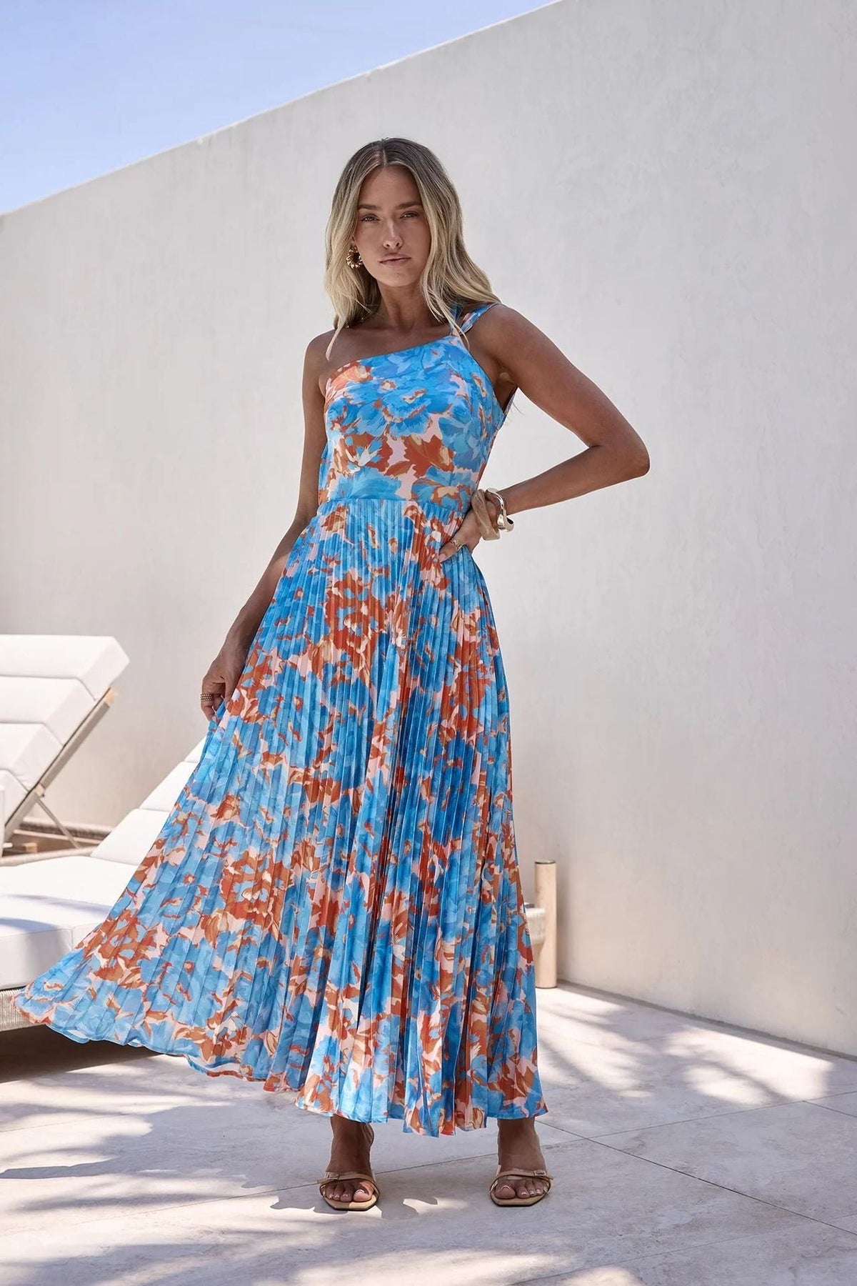 Women's Blue Floral Maxi Dress with One-Shoulder Pleated Skirt - Maisie London