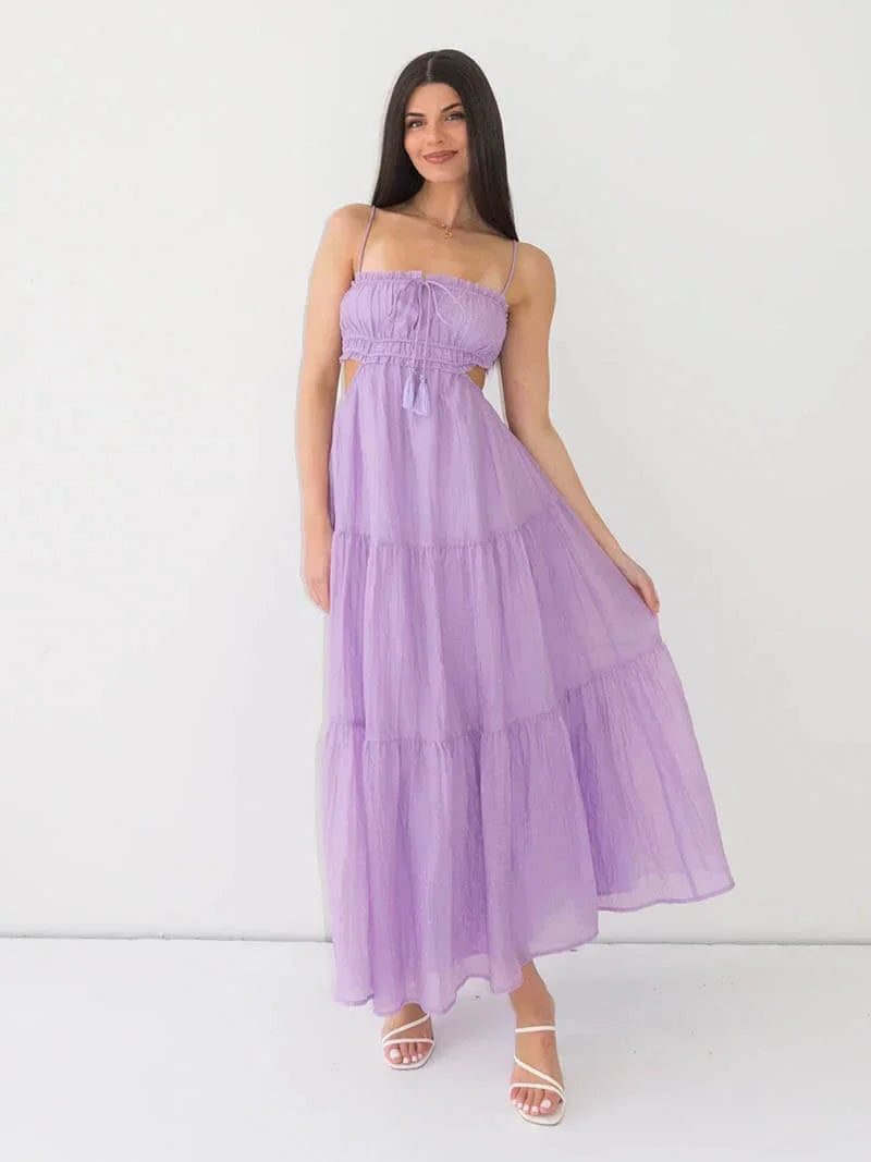 Women's Tiered Maxi Dress with Thin Straps and Cut-Out Waist - Maisie London