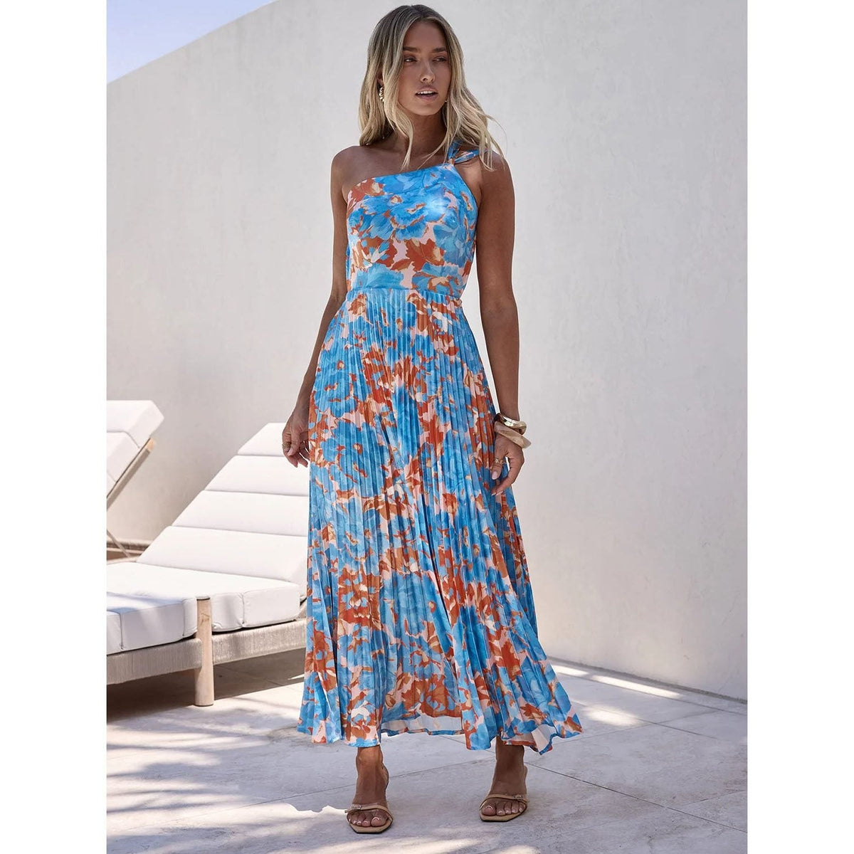 Women's Blue Floral Maxi Dress with One-Shoulder Pleated Skirt - Maisie London