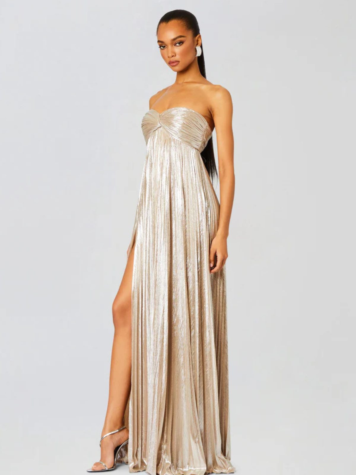 Women's Pleated Metallic Maxi Dress with Twist Front and Side Split - Maisie London