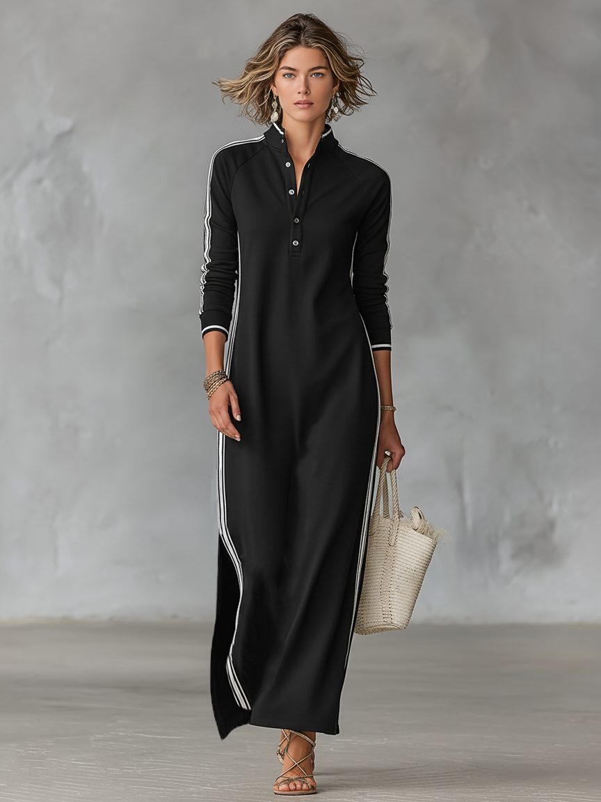 Women's Jersey Maxi Shirt Dress with Side Stripes and Split Hem - Maisie London