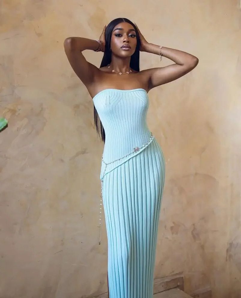 Women's Blue Ribbed Knit Strapless Maxi Dress with Chain Waist - Maisie London