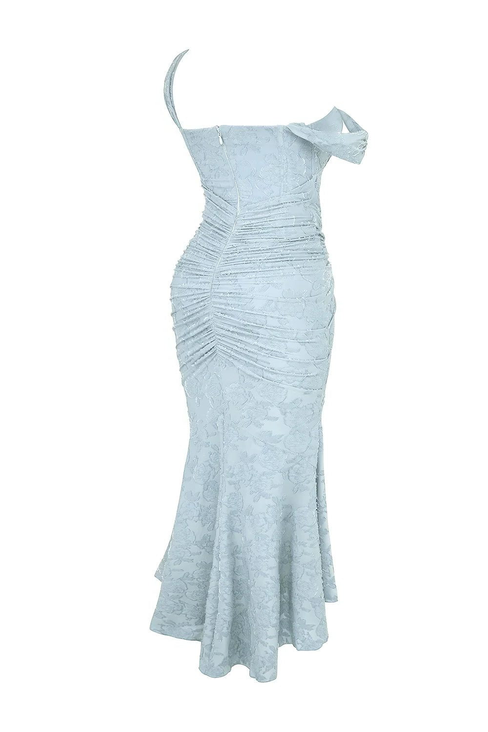 Women's Floral Jacquard Midi Dress with Ruched Waist and High-Low Hem - Maisie London