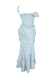 Women's Floral Jacquard Midi Dress with Ruched Waist and High-Low Hem - Maisie London