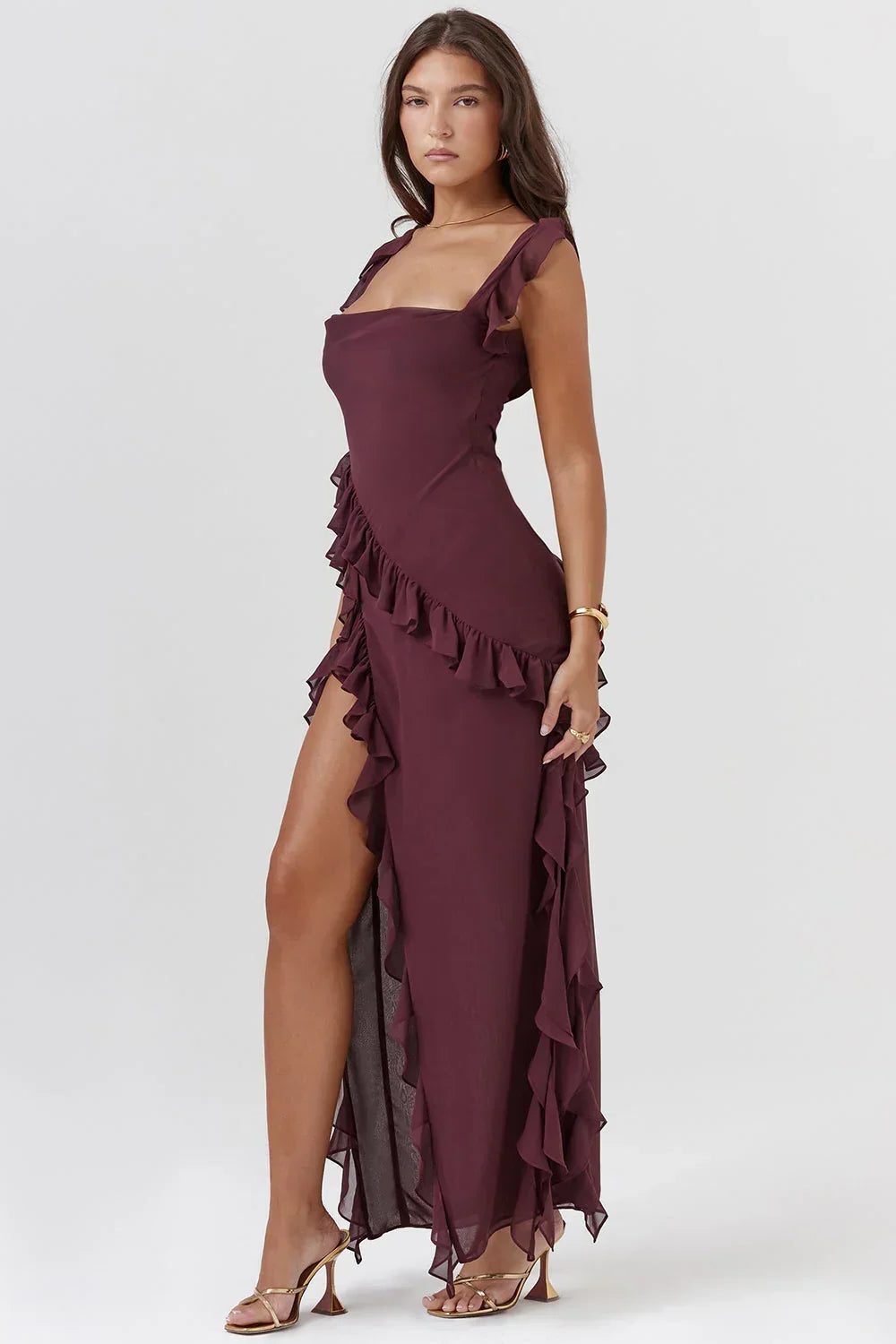 Women's Chiffon Ruffle Maxi Dress with Square Neck and Side Slit - Maisie London