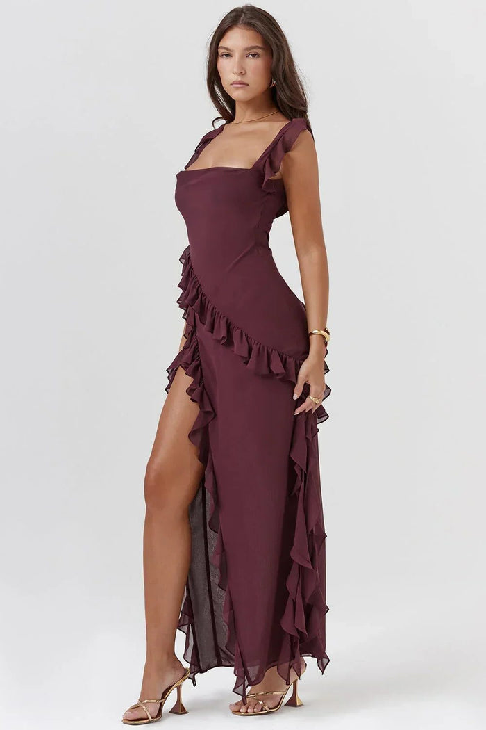 Women's Chiffon Ruffle Maxi Dress with Square Neck and Side Slit - Maisie London