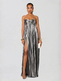 Women's Pleated Metallic Maxi Dress with Twist Front and Side Split - Maisie London