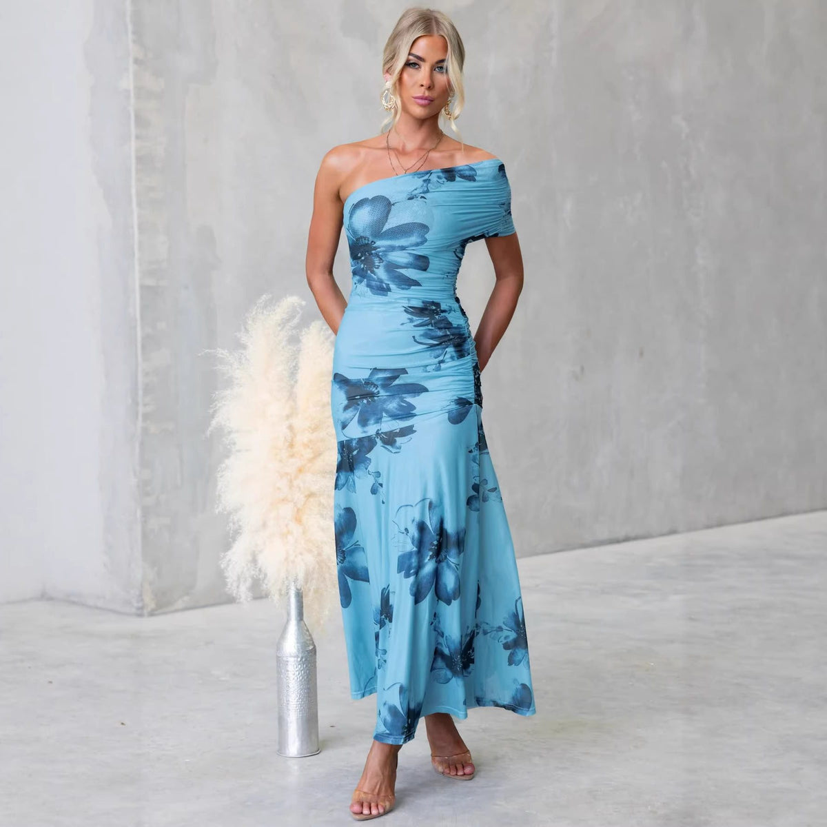 Women's Blue Floral One-Shoulder Maxi Dress with Ruched Waist - Maisie London