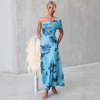 Women's Blue Floral One-Shoulder Maxi Dress with Ruched Waist - Maisie London